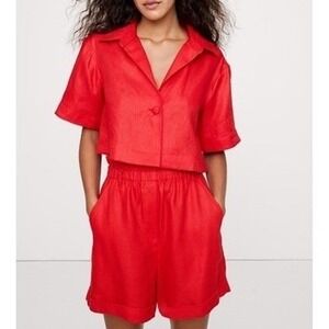 Banana Republic Oversized Linen Cropped Resort Shirt Red Collared Womens Medium